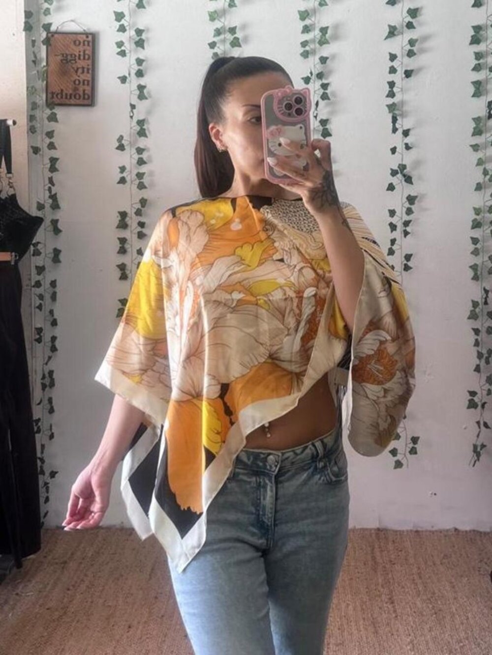 Yellow and black flowy poncho with floral and koi fish print OS